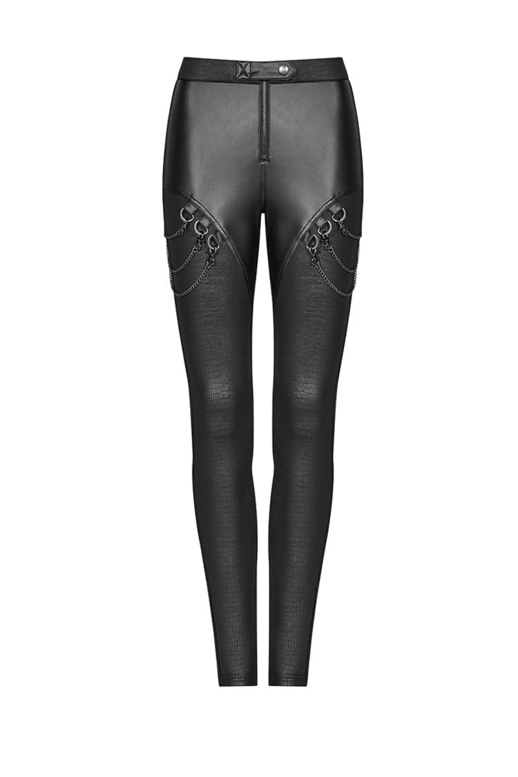 Women's Punk Leggings with Crack Velvet, Knit PU Leather, Metal Buckle and Chain