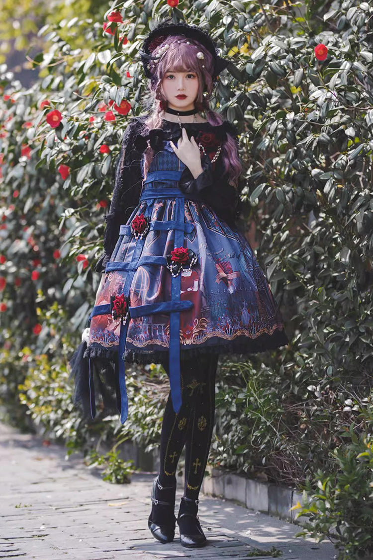 Punk Lolita JSK Dress with Church Print and Ruffles - Midnight Magic - Triple Hue