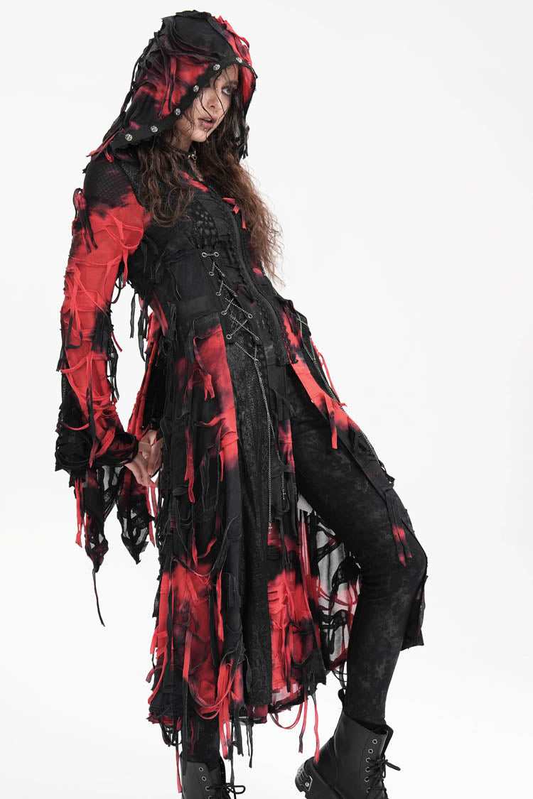 Crimson & Noir Long Sleeve Lace Distressed Zippered Punk Coat