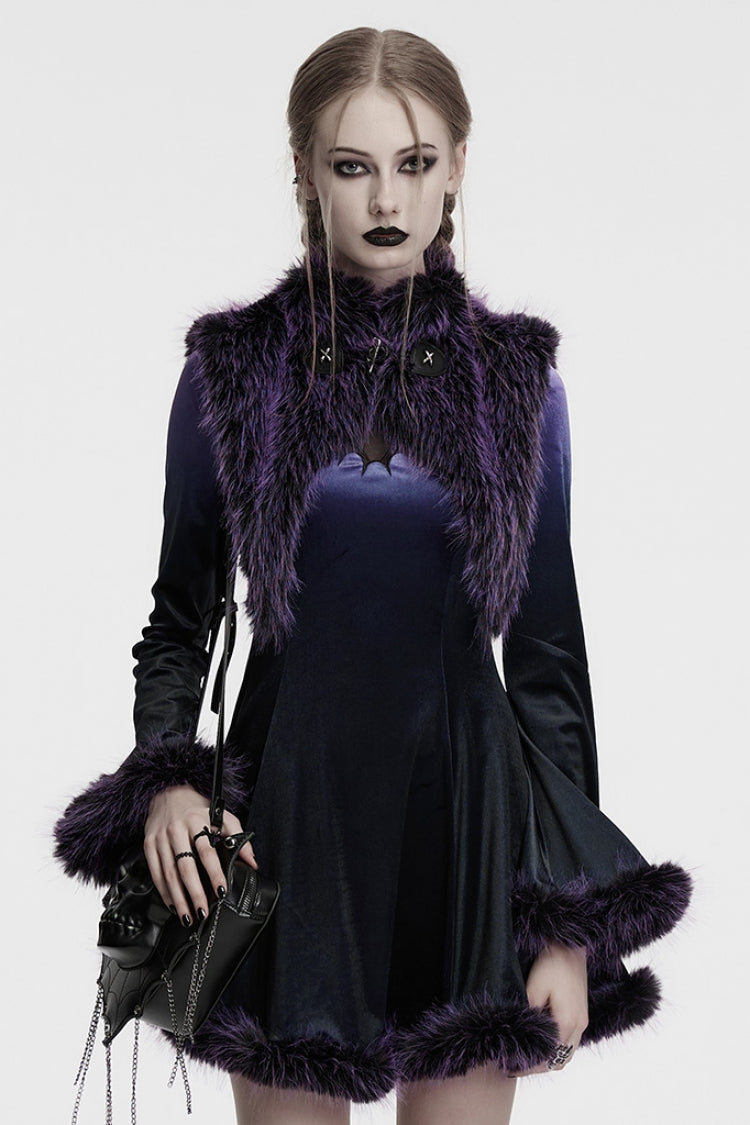 Violet Stand Collar Sleeveless Gradient Faux Fur Women's Gothic Cape