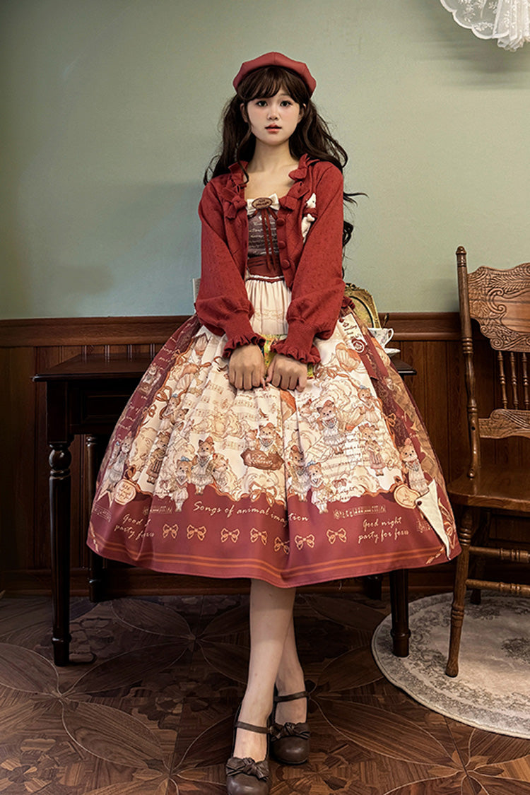 Burgundy Fox Band Print Square Collar Bow Classic Lolita Jumper Dress