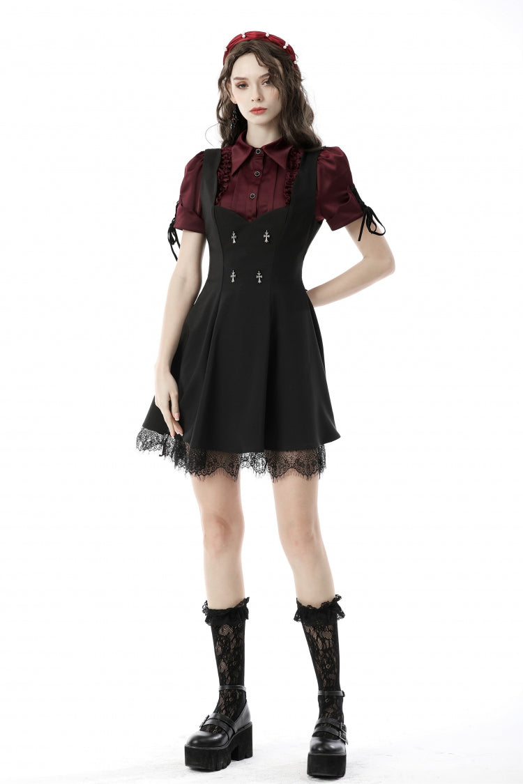 Burgundy Point Collar Short Puff Sleeve Ruffled Gothic Elegant Women's Blouse