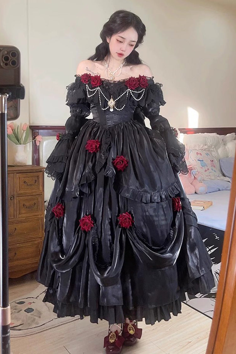 Elegant Gothic Lolita Rose Ruffle Bowknot Long Sleeve Dress
