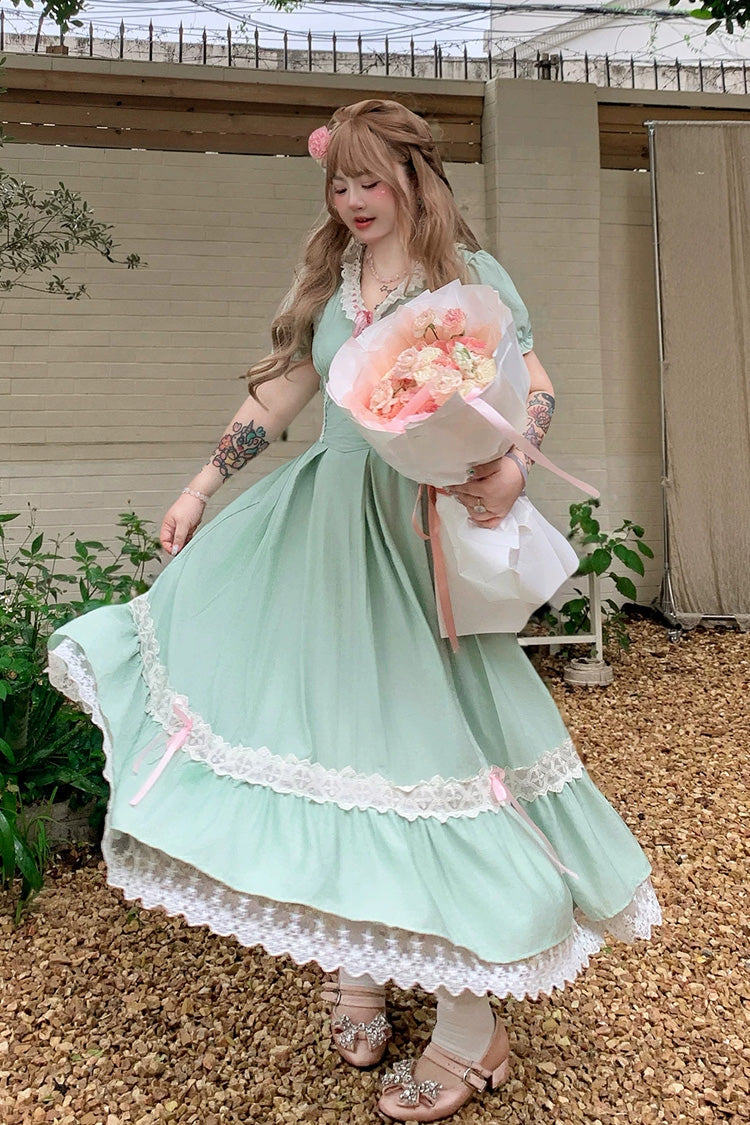 Emerald V Collar Short Sleeve Ruffled Lace Sweet Plus Size Lolita Gown