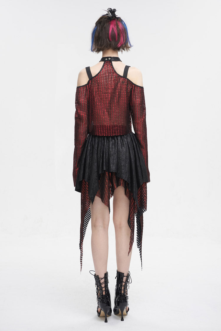 Crimson Gothic Crop Top with Buckle Details and Sheer Fabric