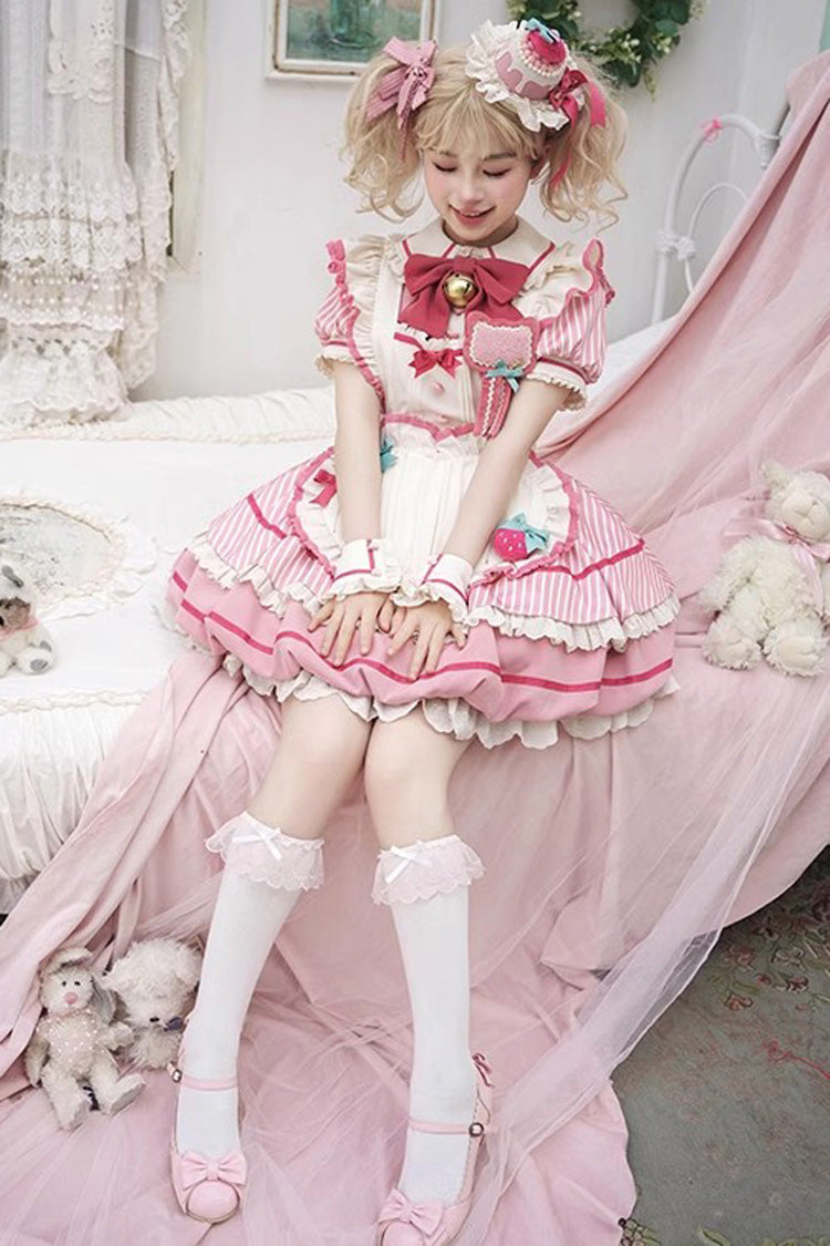 Berry Bubbles Stripe Print Ruffle Bowknot Lace Dress, Sweet Lolita Charm