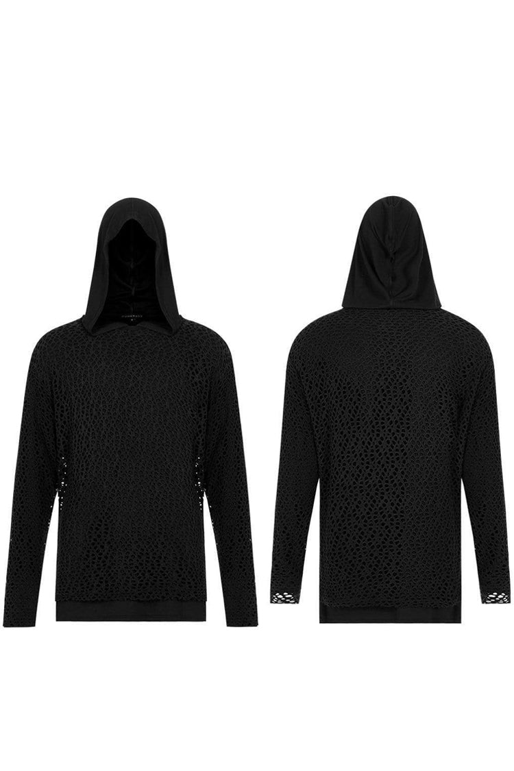 Men's Punk Two-Piece Tee with Mesh Outer & Hooded Inner in Black Knit