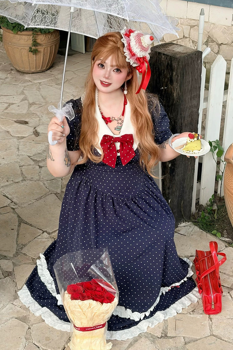 Polka Dot V-Neck Ruffled Bow Lace Plus-Size Preppy Dress