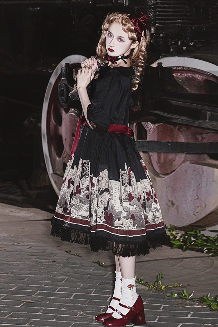 Print Bow Lace Gothic Dress - Alice of the Asylum