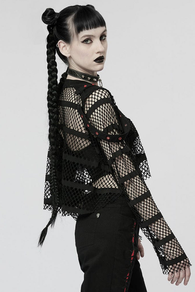 Steampunk Sheer Mesh Tee with Lace-Up Detail and Extended Sleeves