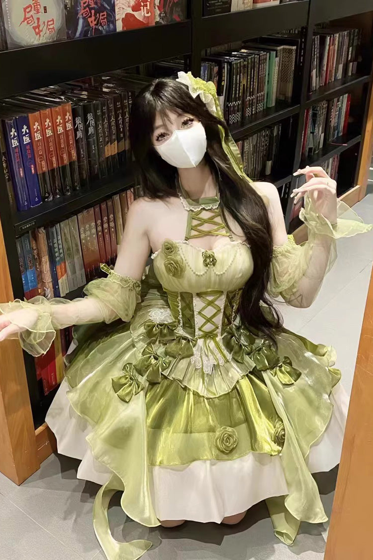 Emerald Camellia Covenant Halterneck Ruffled Bow Lace Lace-Up Sweet Lolita Jumper