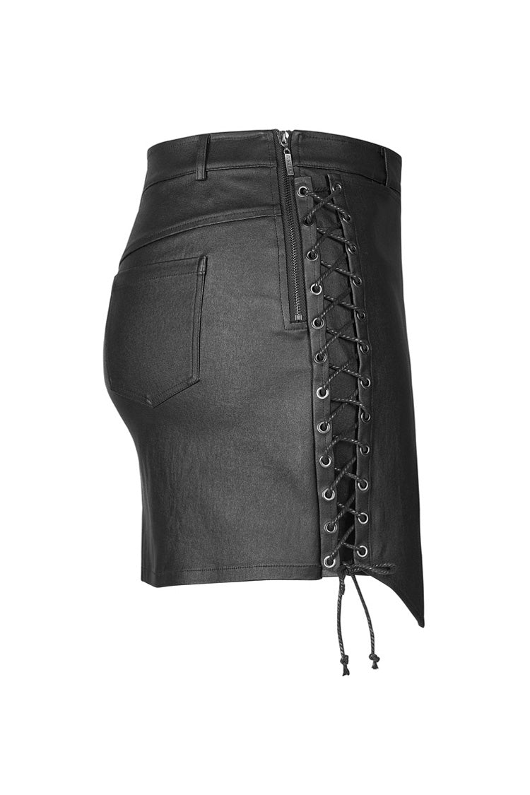 Asymmetric Hem Leather Skirt with Side Clasps and Lacing