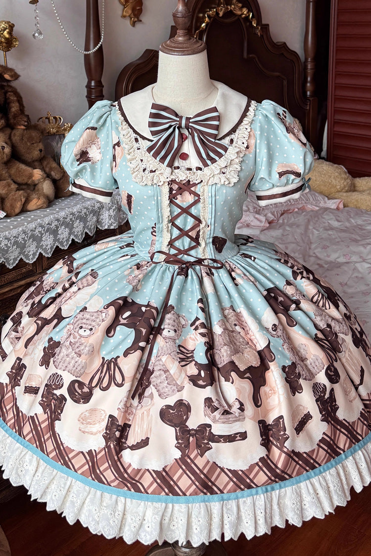 Sweet Lolita Dress with Chocolate Cake Bear Print and Lace-Up