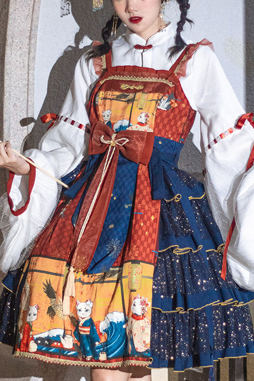 Azure Ukiyoe Feline Wave Print Strapless Layered Lolita Jumper Dress