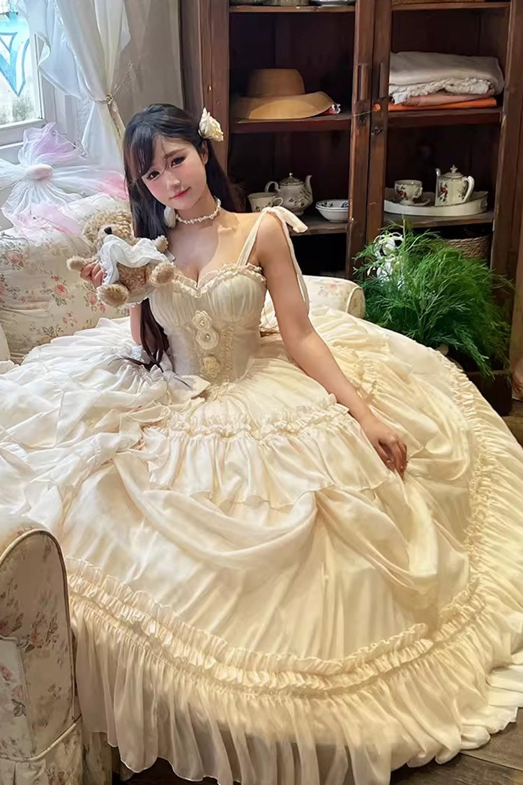 Antique Bride Sleeveless Multi-Layered Ruffled Bow Lace Sweet Elegant Gorgeous Full Skirt Lolita Jsk Dress