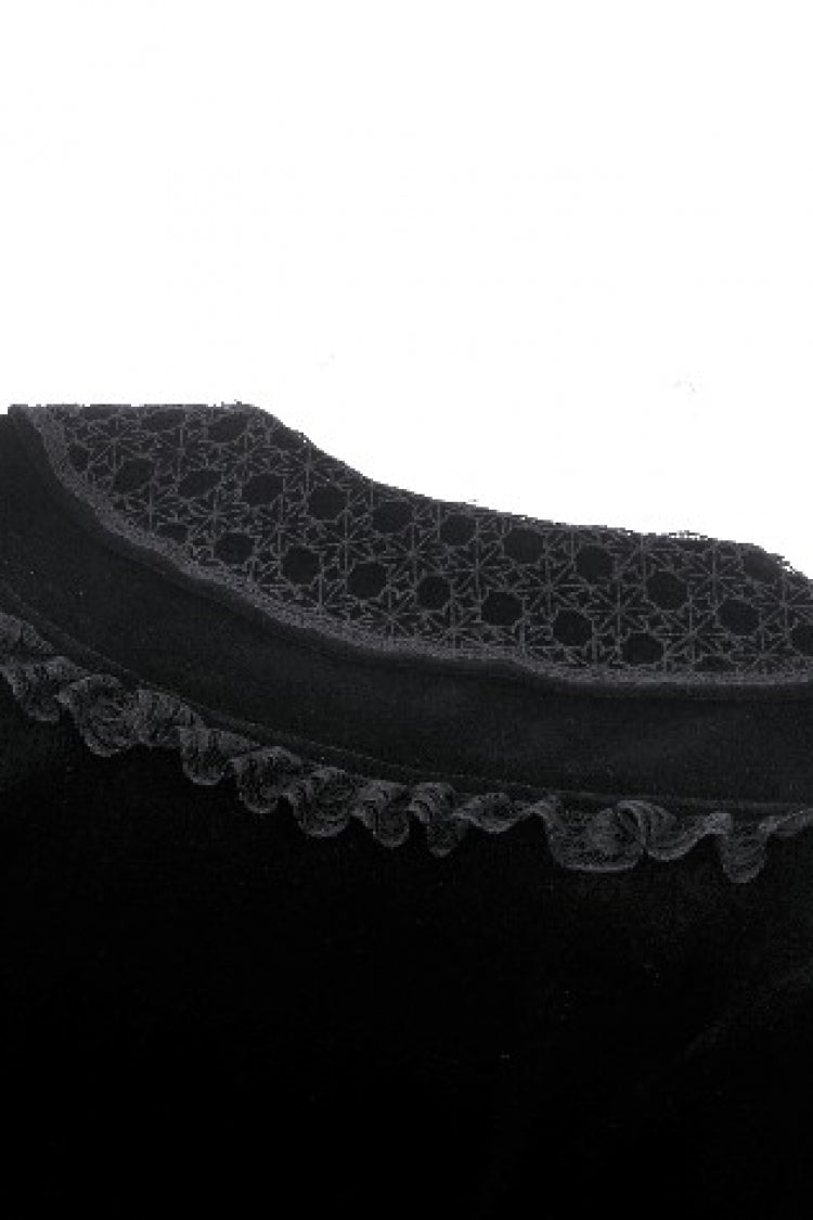 Gothic Velvet Short Dress with Lace Trim and Extended Sleeves