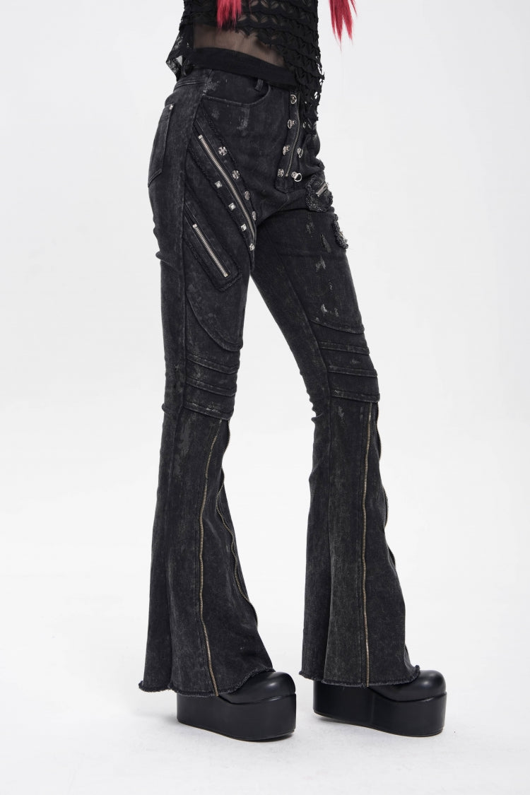 Edgy Flared Trousers with Zips and Pleats for Women - Noir