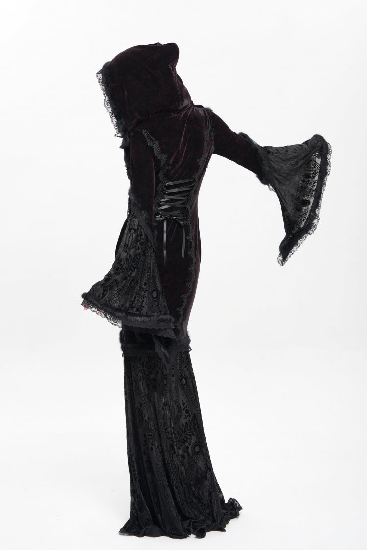 Crimson & Noir Long Flared Sleeve Embroidered Stitched Hooded Mesh Gothic Dress