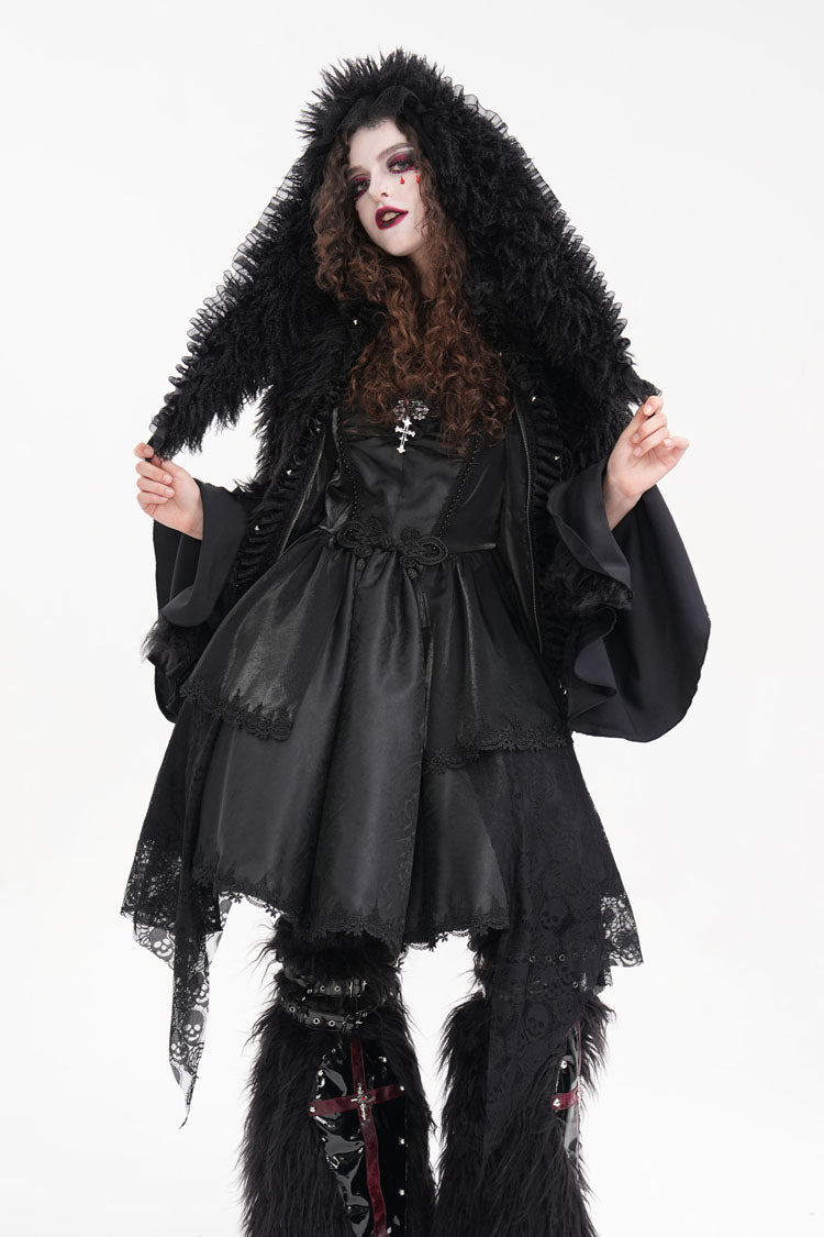Gothic Jacket with Lace Hood, Zipper Chain, and Extended Sleeves