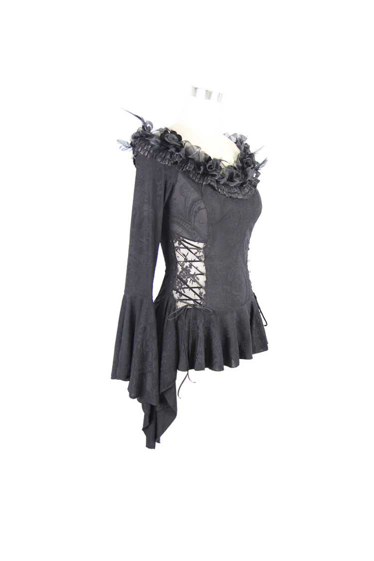Gothic One-Shoulder Blouse with Rose, Lace-Up Flare Sleeves & Side Splice