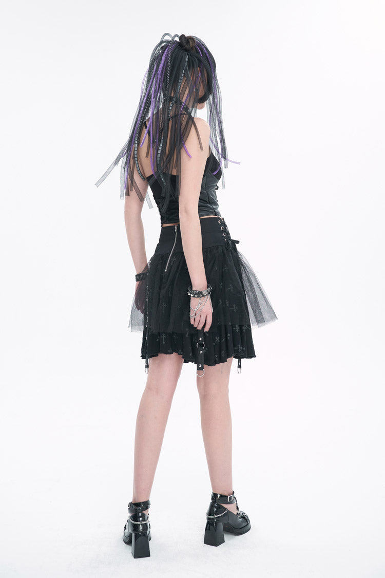 Women's Punk Skirt with Detachable Metal Chain and Cross Print Side Straps