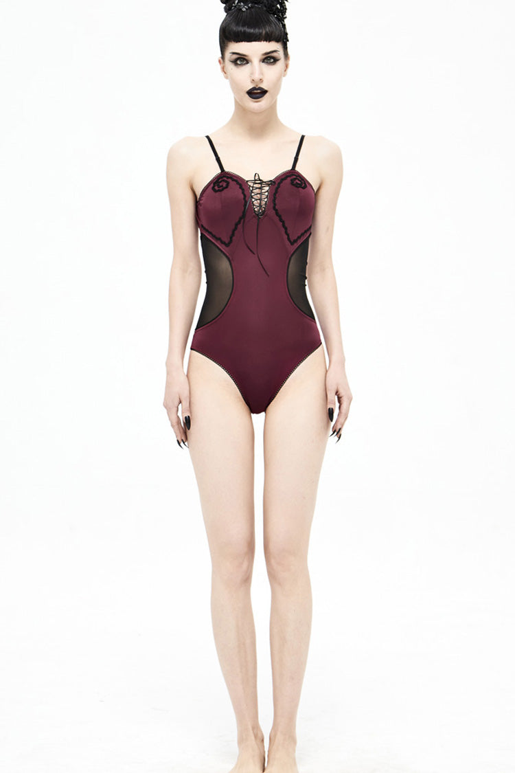 Burgundy Mesh Panel Lace-Up Bodice Hand-Cinched Waist Gothic One-Piece Swimsuit