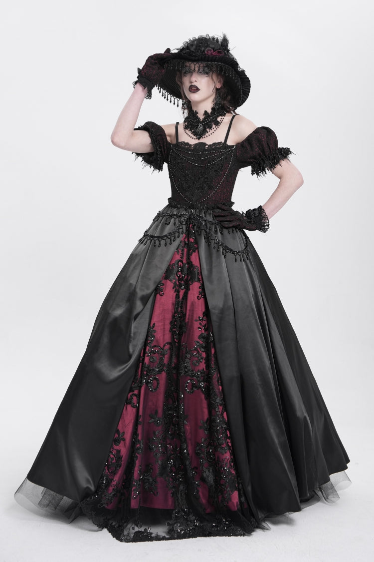 Crimson & Noir Off-Shoulder Embroidered Stitched Lace Gothic Dress