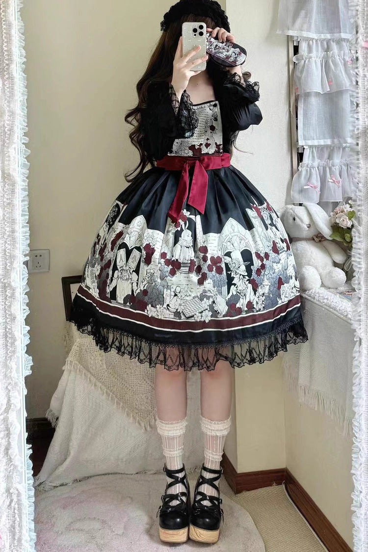 Print Bow Lace Gothic Dress - Alice of the Asylum