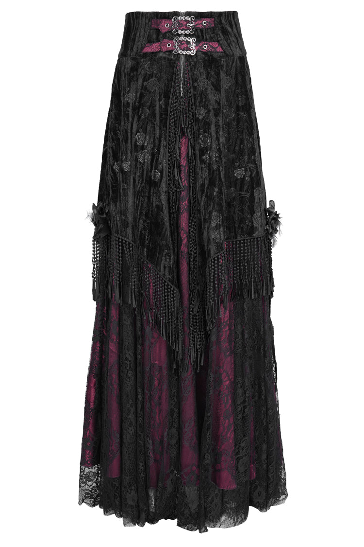Burgundy Print Embroidery Tassel Buckle Lace-Up Gothic Long Skirt