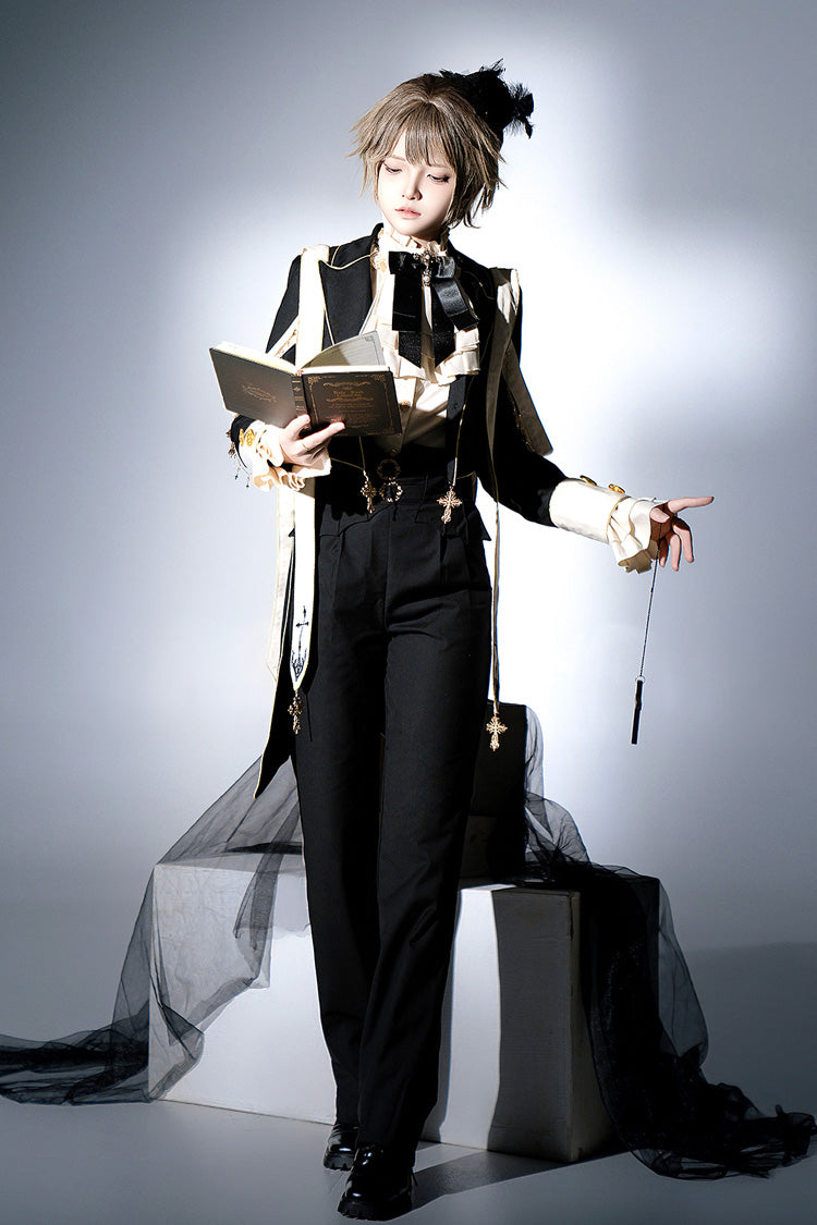 Ouji Lolita Swallowtail Coat with Print, Long-Sleeve Princely Gothic Jacket