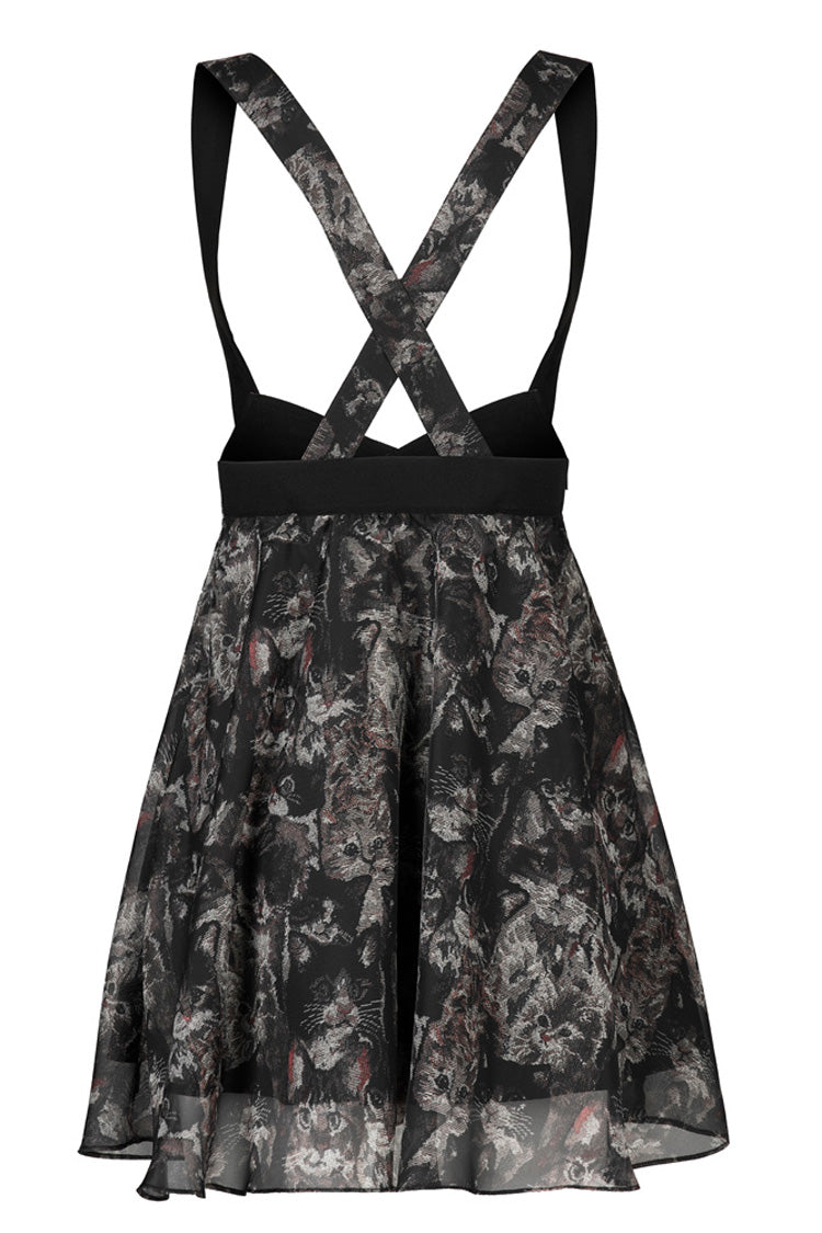 Gothic Skirt with Lace and Cat Print Suspender Design