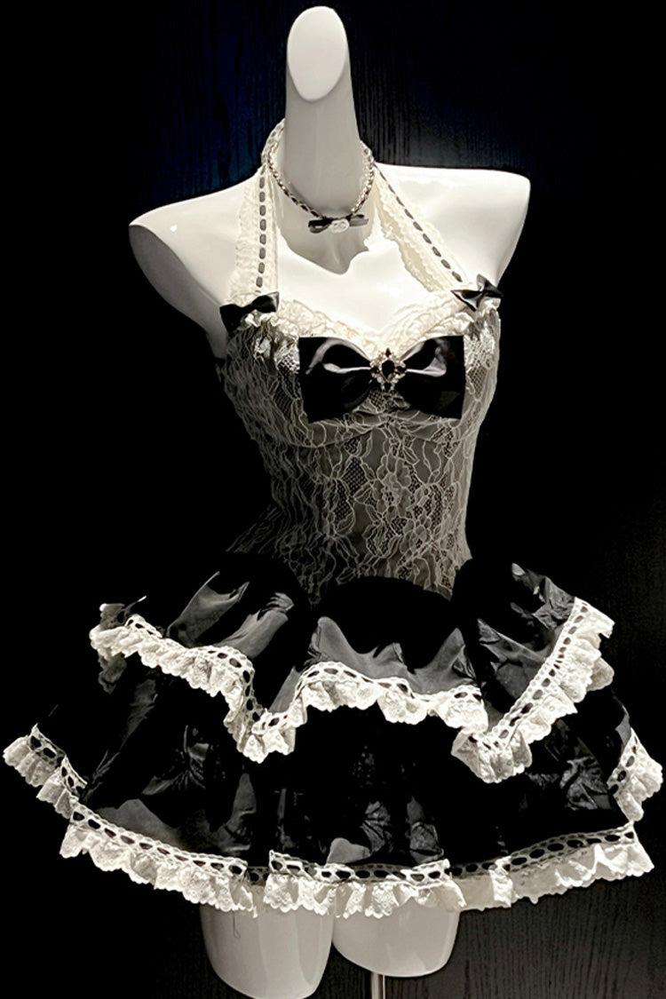 Halterneck Double-Layered Bow Lace Gothic Dress - Asking For A Kiss