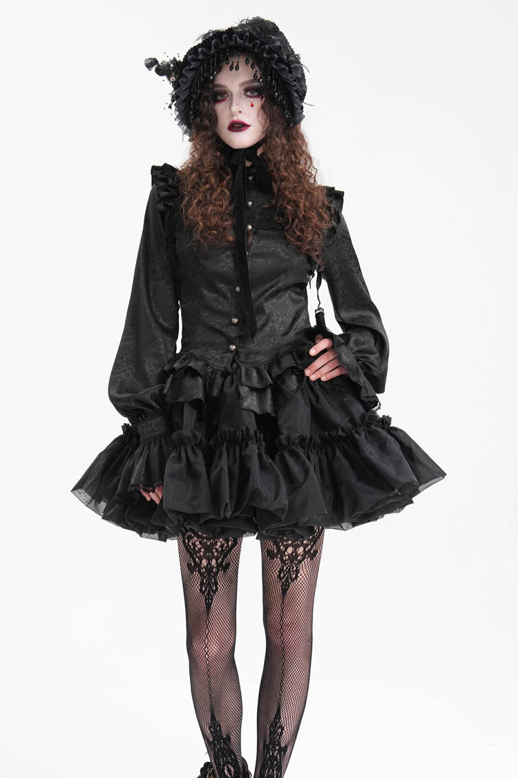 Women's Gothic Blouse with Ruffle Lace and Print, Long-Sleeve Victorian Style