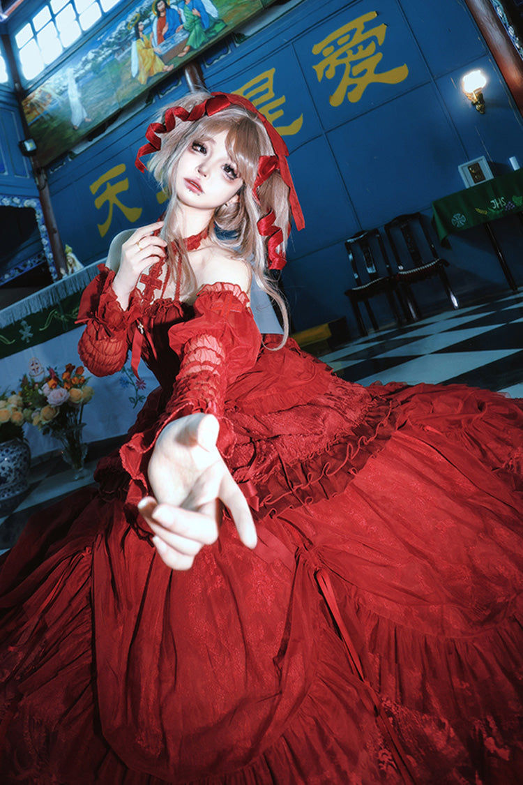 Burgundy Cross-Strap Bow Lace Princess Gothic Lolita Gown