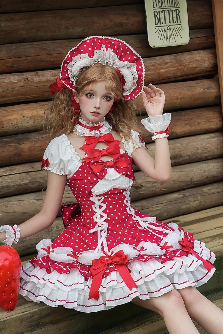 Wine Halterneck Polka-Dot Bow Lace-Up Sweet Lolita Frock