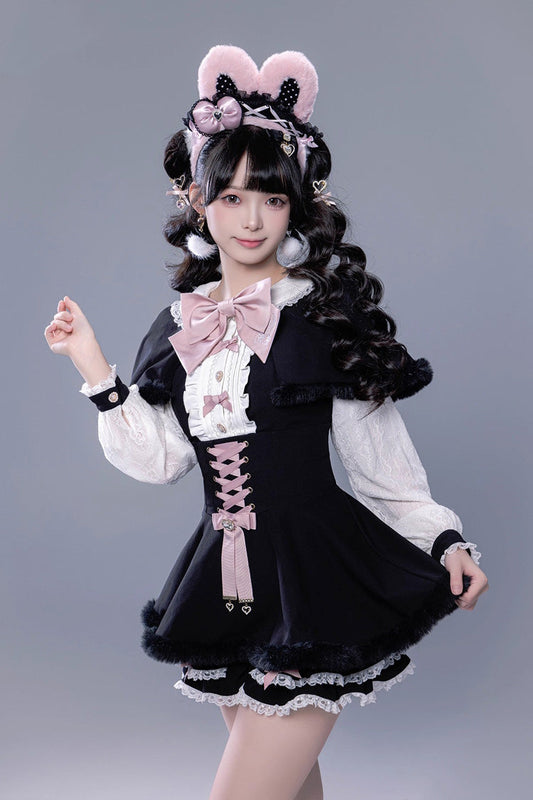 Jirai Kei Long-Sleeve Lace-Up Set with Ruffle Bow and Plush Shorts, Japanese Style