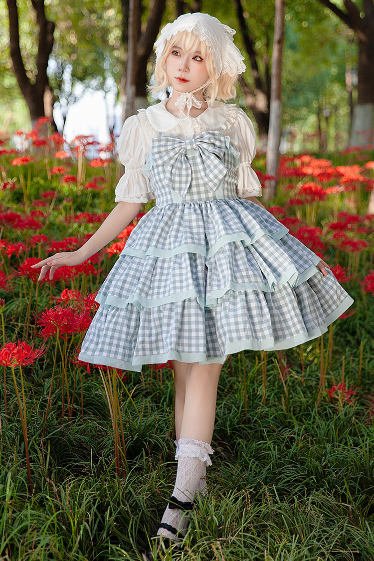 Triple-Layered Tartan Bow-Adorned Sweet Princess Gown with Ruffles - Cloth Cat