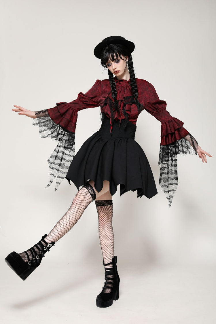 Crimson Gothic Blouse with Frilly Lace and Long Hime Sleeves
