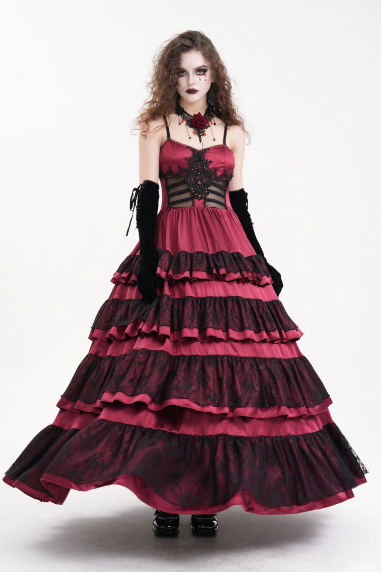 Crimson Gothic Dress with Multi-Tiered Ruffles and Lace-Up Mesh