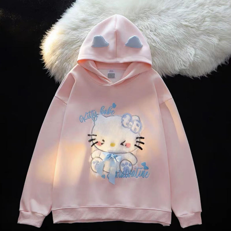 Pull à capuche avec petites oreilles brodées et motif chat KI589