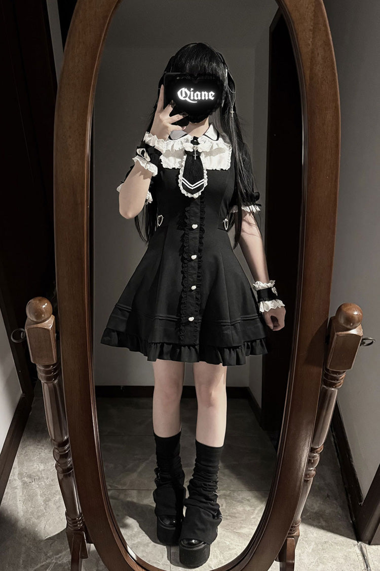 Short Sleeve Ruffle Bow Stitching Plus Size College Dress - Angel Creed