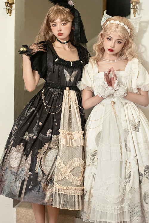 Vintage Butterfly Print High-Waisted Lolita Dress with Square Collar