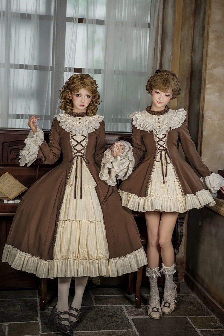 Sweet Lolita Dress Set with Trumpet Sleeves and Bowknot Lace-Up
