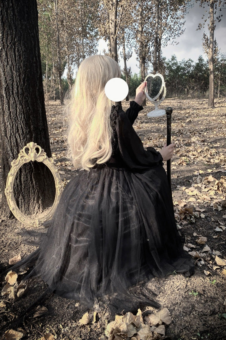 Gothic Plus-Size Lace Dress with Ruffle Bow Accents and Stitching, Long Sleeve