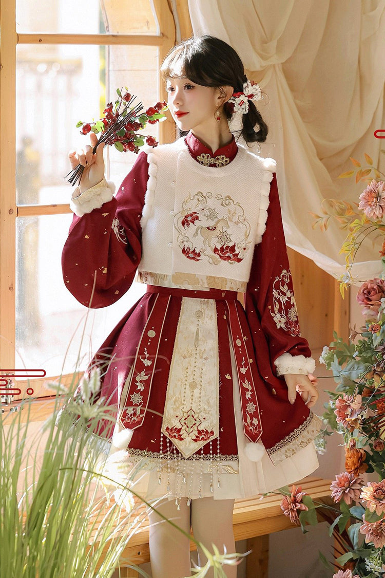 Ruby Embroidered Hanfu Ensemble with Bell Sleeves and High Waist