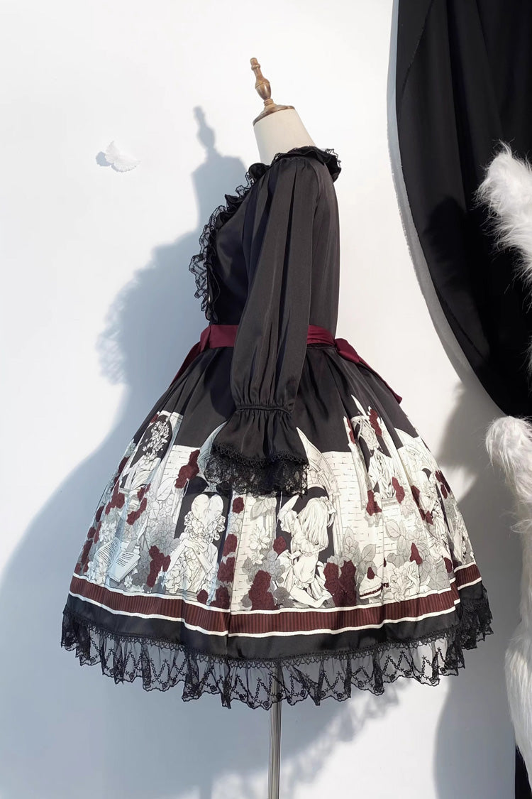 Print Bow Lace Gothic Dress - Alice of the Asylum