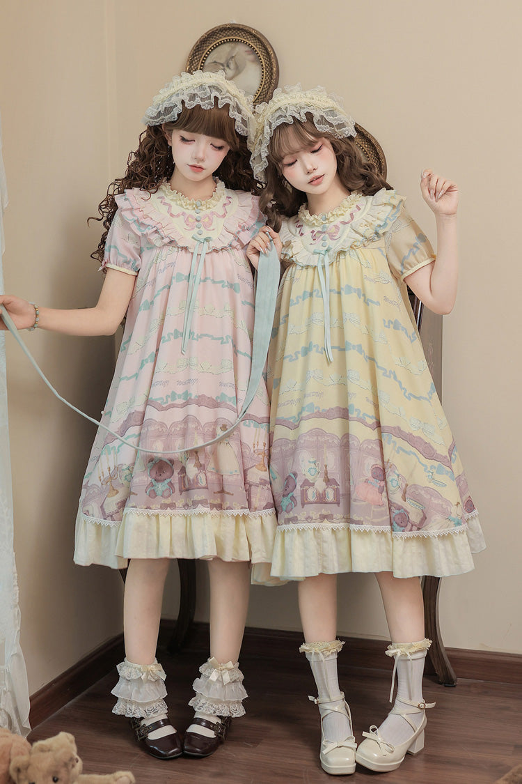 Rose Bear Print Bow Sweet Lolita Dress Set with Ruffled Short Sleeves