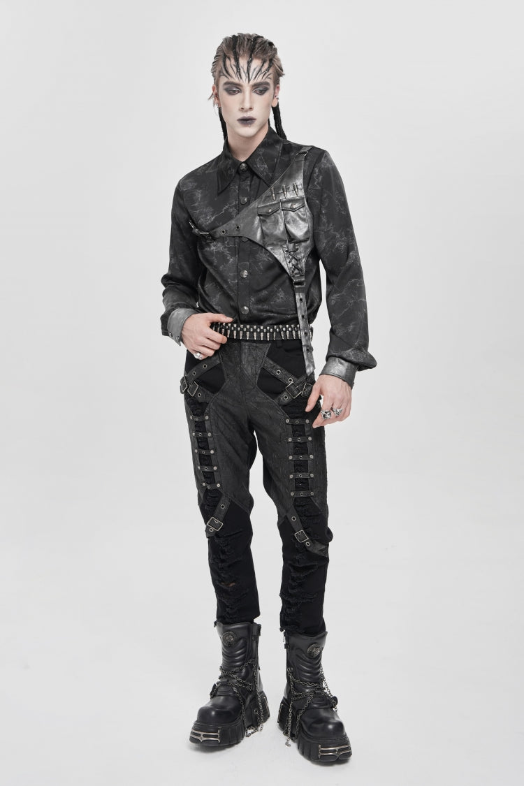 Punk Asymmetric Blouse with Print Stitching and Bullet Detail, Long Sleeve