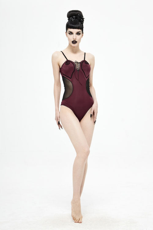 Burgundy Waist Mesh Insert Lace-Up Gothic One-Piece Swimsuit