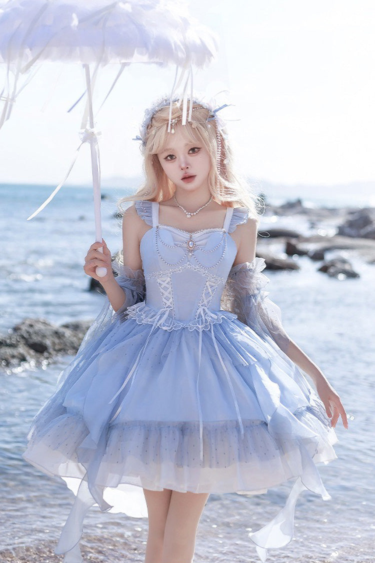 Azure Moon Goddess Song Multi-Layer Frilled Lace-Up Elegant Lolita JSK